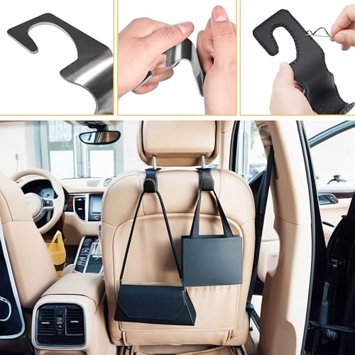 EldHus Headrest Hooks for Purses and Bags, 2 Pack Car Seat Hooks for Grocery Bag Handbag, Metal Car Purse Holder Covered by Leather, Black - Image 5