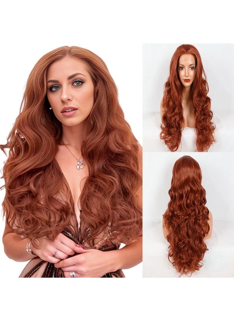 Xiweiya Xiweiya Copper Red Hair Long Body Wavy Free Part Wigs Natural Hairline Brown Red Synthetic Lace Front Wigs Heat Resistant Christmas Party Wigs for Women 24inch 