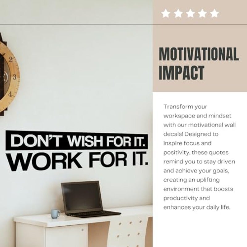 My Vinyl Story Don't Wish for it Work for it Motivational Large Wall Decal Sticker Quote for Home Gym Office Exercise Fitness Workout Art Vinyl Decor Removable Words Sayings Black 22x6 inches - Image 2