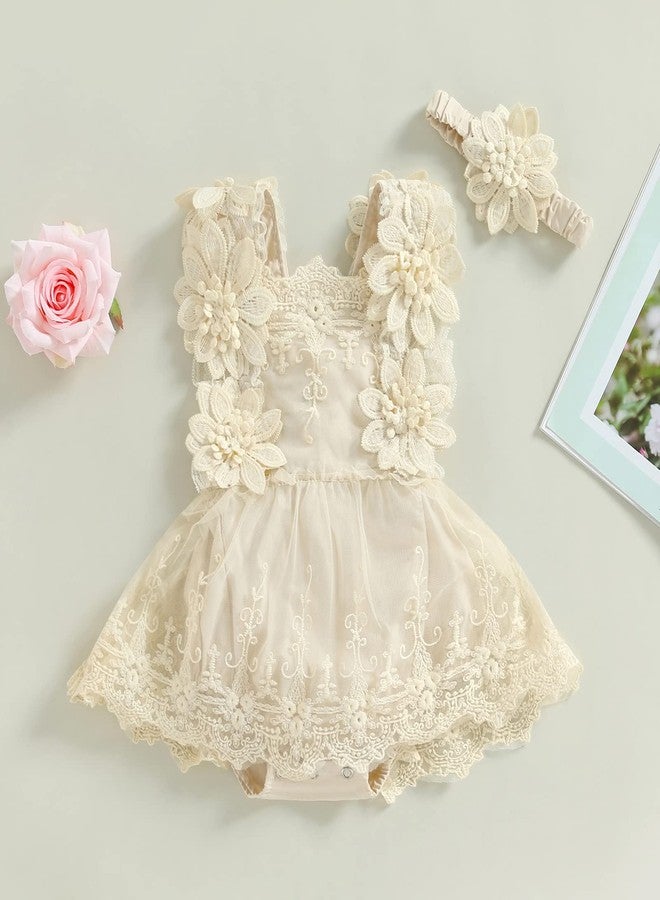 FOMOYUU Newborn Baby Girl Lace Romper Dress Sleeveless Floral Lace Outfits Summer Toddler Clothes with Headband (Apricot, 0-3 Months) - Image 2