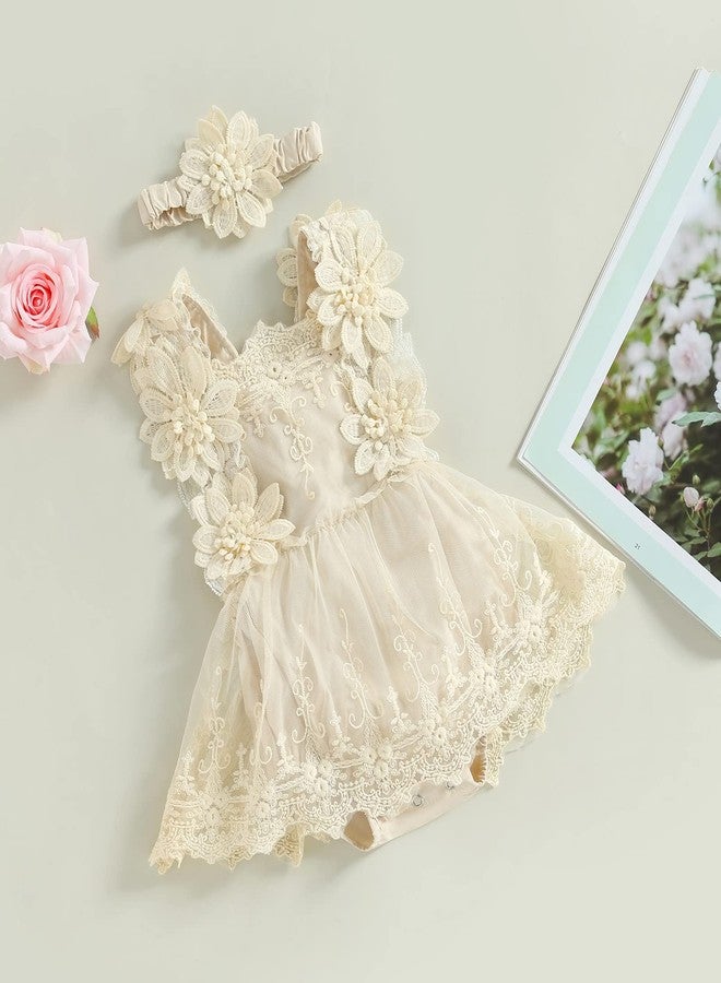 FOMOYUU Newborn Baby Girl Lace Romper Dress Sleeveless Floral Lace Outfits Summer Toddler Clothes with Headband (Apricot, 0-3 Months) - Image 3