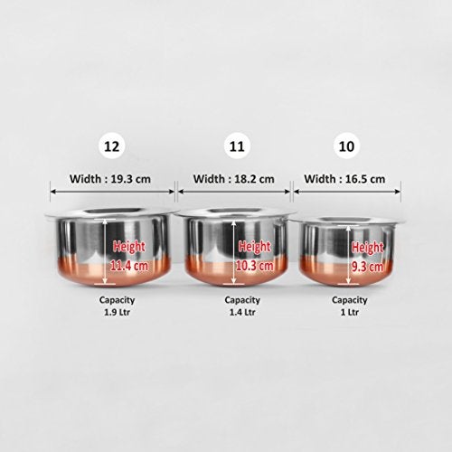 Sumeet Stainless Steel Copper Bottom Cookware/Container/Tope Set of 3 pcs with Lids (1no 1L Tope with lid, 1no 1.4L Tope with lid, 1no 1.9L Tope with lid) - Image 3