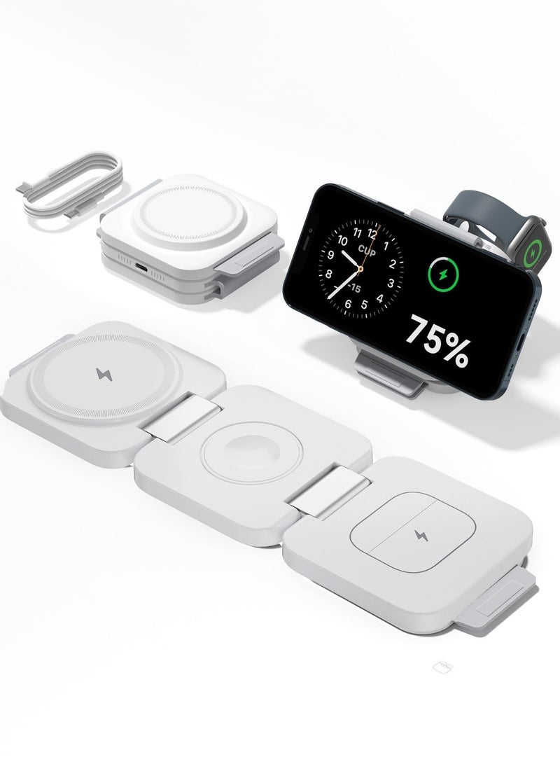 اوليو شاحن لاسلكي مغناطيسي 3 في 1 قابل للطي MagSafe بقوة 15 واط، محطة شحن سريع للآيفون سلسلة 17/16/15/14/13 وساعة آبل وAirPods، شاحن محمول للسفر مع حماية ذكية، لون أبيض - Image 1