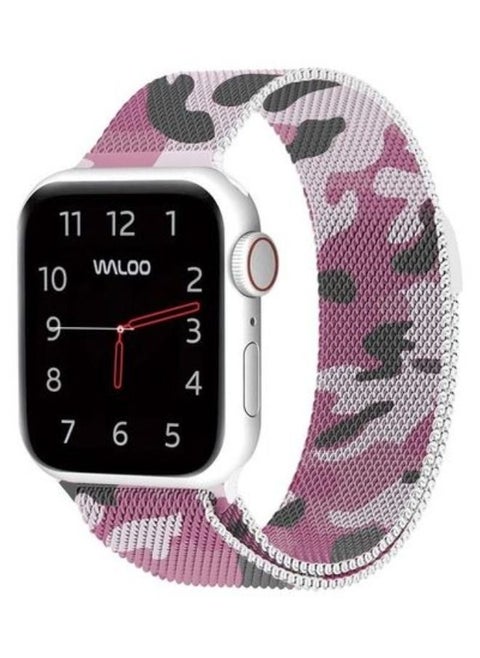 Milanese Loop Stainless Steel Magnetic Replacement Mesh Band For iWatch Series 7/6/SE/5/4/3/2/1 42/44/45mm Pink Camouflage