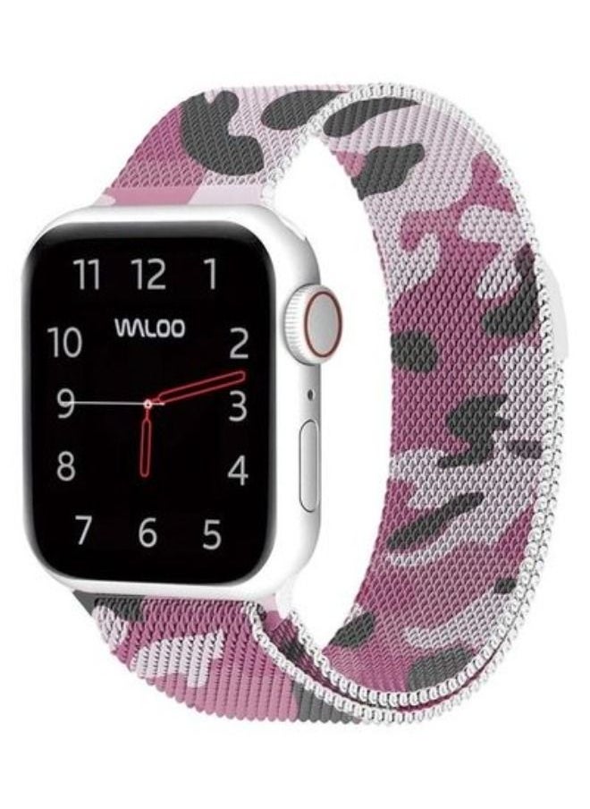 Milanese Loop Stainless Steel Magnetic Replacement Mesh Band For iWatch Series 7/6/SE/5/4/3/2/1 42/44/45mm Pink Camouflage
