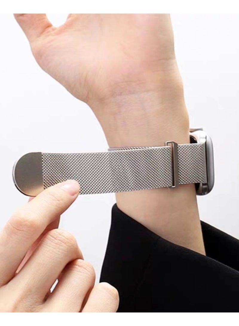 سوار ميلانيز مزدوج الحلقة من شبكة الستانلس ستيل متوافق مع Apple Watch مقاس 42/44/45/46/49 مم، للمقاسات الكبيرة فقط، بإغلاق مغناطيسي، مناسب لـ Series 1–10 و SE و Ultra - Image 3