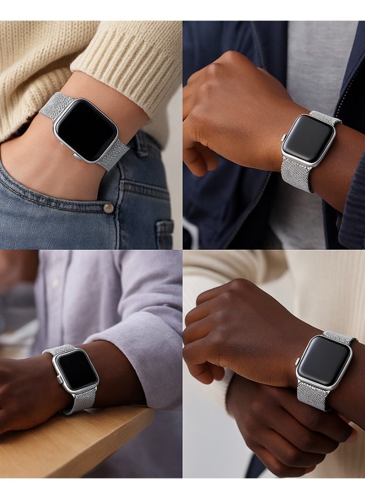سوار ميلانيز مزدوج الحلقة من شبكة الستانلس ستيل متوافق مع Apple Watch مقاس 42/44/45/46/49 مم، للمقاسات الكبيرة فقط، بإغلاق مغناطيسي، مناسب لـ Series 1–10 و SE و Ultra - Image 2