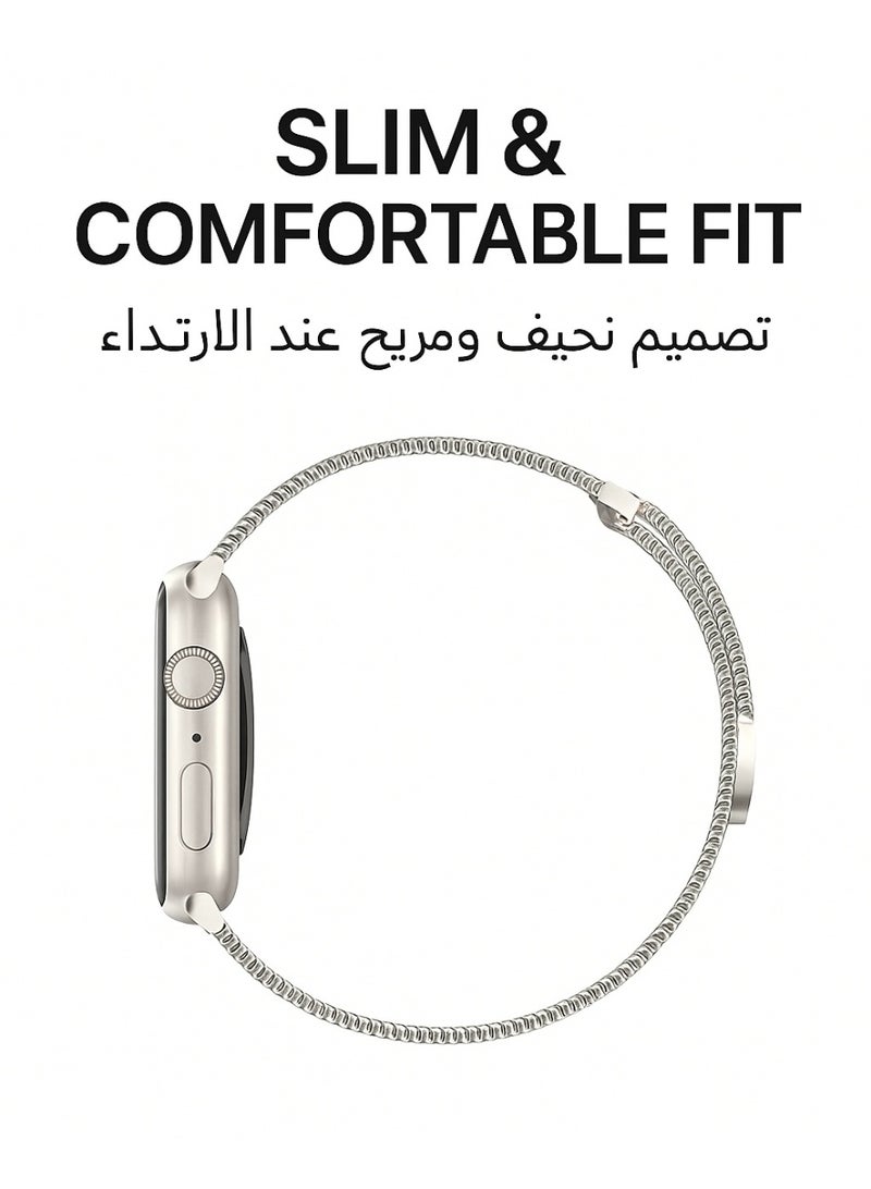سوار ميلانيز مزدوج الحلقة من شبكة الستانلس ستيل متوافق مع Apple Watch مقاس 42/44/45/46/49 مم، للمقاسات الكبيرة فقط، بإغلاق مغناطيسي، مناسب لـ Series 1–10 و SE و Ultra - Image 5
