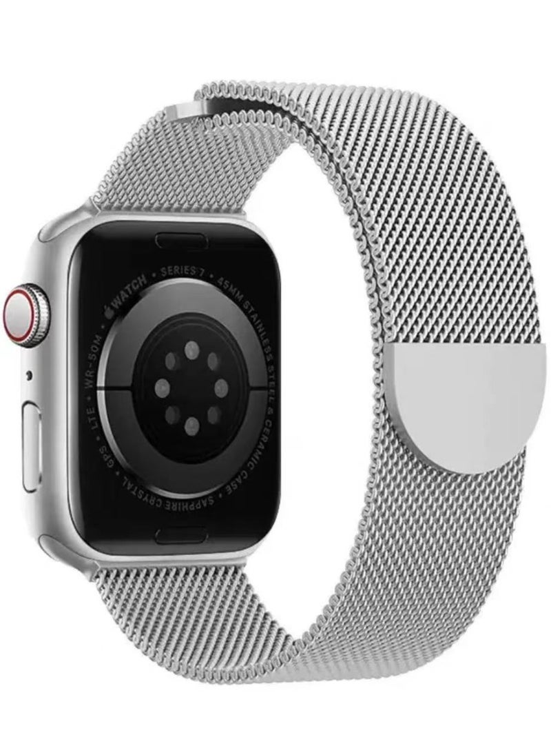سوار ميلانيز مزدوج الحلقة من شبكة الستانلس ستيل متوافق مع Apple Watch مقاس 42/44/45/46/49 مم، للمقاسات الكبيرة فقط، بإغلاق مغناطيسي، مناسب لـ Series 1–10 و SE و Ultra - Image 1
