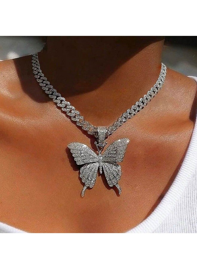 EARENT Rhinestone Butterfly Choker Necklace Crystal Butterfly Pendant Necklaces Chain Sparkly Neck Jewelry For Women (A-Silver) - Image 2