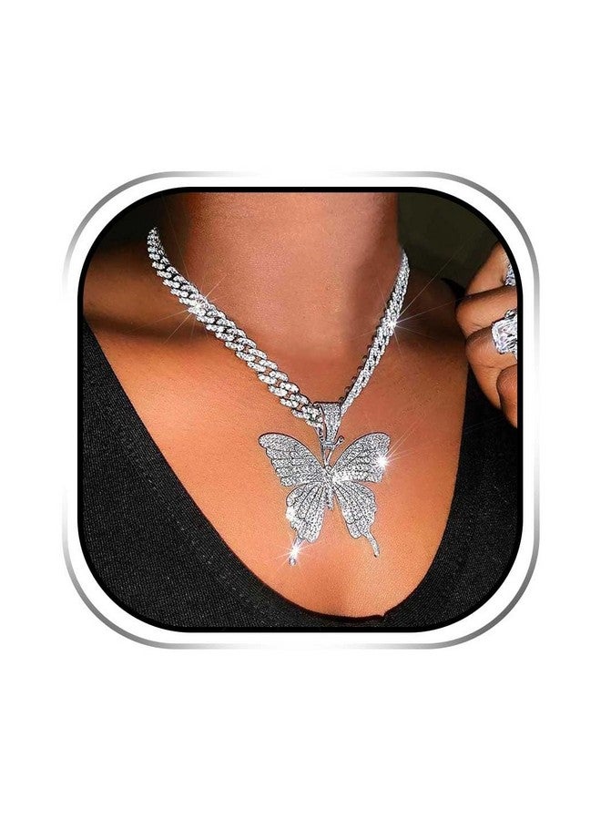 EARENT Rhinestone Butterfly Choker Necklace Crystal Butterfly Pendant Necklaces Chain Sparkly Neck Jewelry For Women (A-Silver) - Image 1