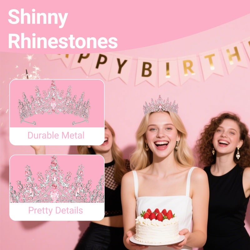 Papoopy Tiara Crown for Women, Headband Hair Accessories for Birthday Wedding Party Costume Pink - Image 5