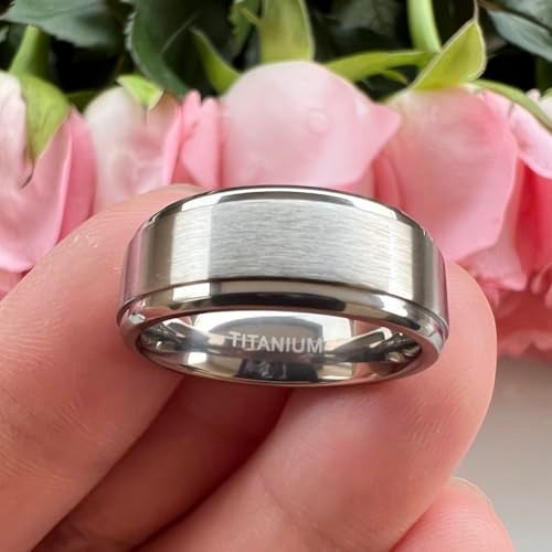 TUTISS 8mm Titanium Rings for Men Women Engagement Wedding Bands Matte Finish Stepped Beveled Edges Comfort Fit Size 6 - Image 3