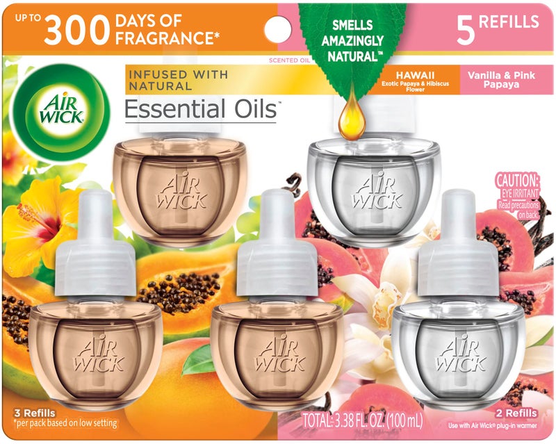 Air Wick Plug in Scented Oil Refill, 5 ct, Hawaii and Vanilla & Pink Papaya, Air Freshener, Essential Oils - Image 1