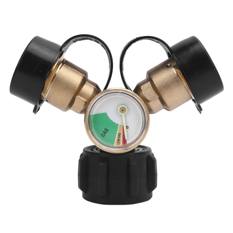 2 Way Gas Tank Splitter with Built-in Pressure Gauge - Dual Port Heatproof Aluminum Alloy for Real-Time Monitoring - Lightweight Portable Gas Splitter for Camping Stoves and Grills - Image 1