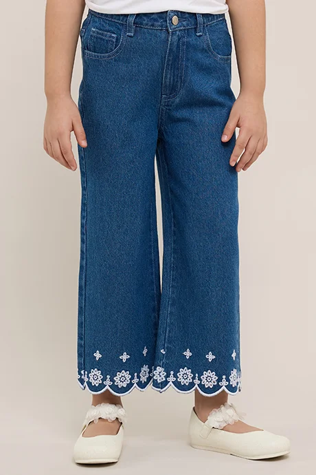R&B Embroidered Wide Leg Jeans with Button Closure