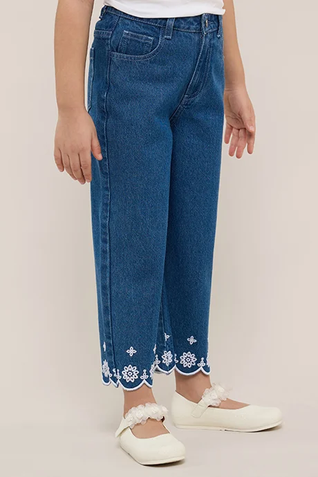 R&B Embroidered Wide Leg Jeans with Button Closure