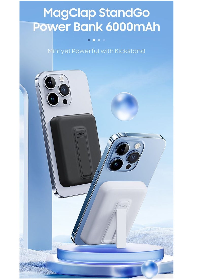 Benks - Benks Magnetic Power Bank, 6,000mAh Foldable Kickstand Wireless Portable Charger, MagSafe Battery Pack for iPhone 15/14/13/12 Series White - Image 1
