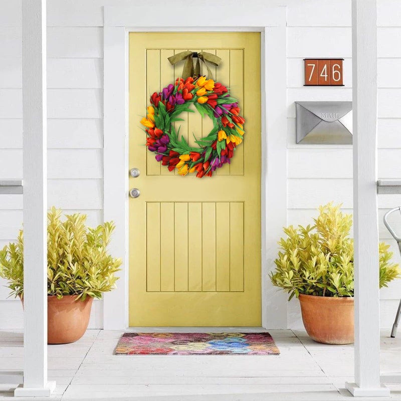 U'Artlines 20 Inch Tulip Wreath for Front Door, Spring Summer Silk Wreath with Green Leaves Artificial Tulip Flower Wreaths for All Seasons Window Wall Wedding Valentines Day Decor - Image 2