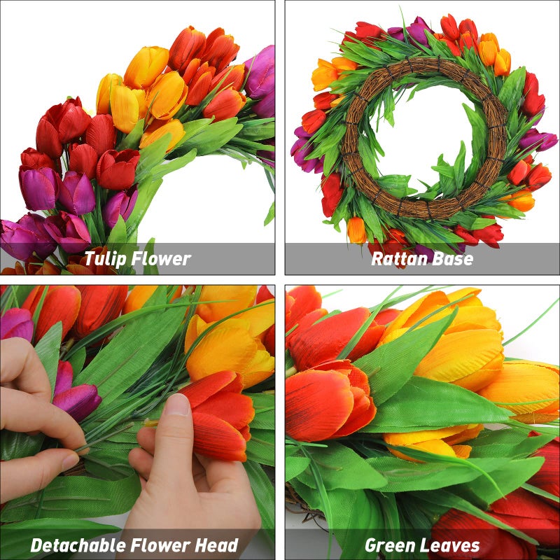 U'Artlines 20 Inch Tulip Wreath for Front Door, Spring Summer Silk Wreath with Green Leaves Artificial Tulip Flower Wreaths for All Seasons Window Wall Wedding Valentines Day Decor - Image 4