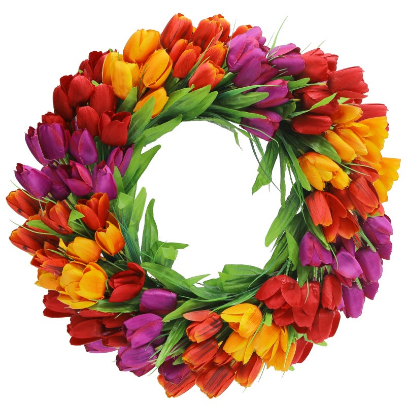 U'Artlines 20 Inch Tulip Wreath for Front Door, Spring Summer Silk Wreath with Green Leaves Artificial Tulip Flower Wreaths for All Seasons Window Wall Wedding Valentines Day Decor - Image 1