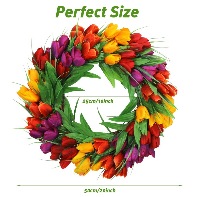 U'Artlines 20 Inch Tulip Wreath for Front Door, Spring Summer Silk Wreath with Green Leaves Artificial Tulip Flower Wreaths for All Seasons Window Wall Wedding Valentines Day Decor - Image 5