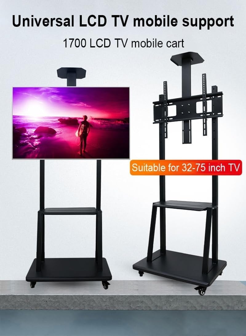 حامل تلفزيون متنقل بعجلات للشاشات المسطحة والمنحنية من 32 إلى 75 بوصة، ارتفاع قابل للتعديل مع صينية لمعدات الصوت والفيديو واللابتوب للاستخدام المنزلي والمكتبي والفنادق والفعاليات - Image 3