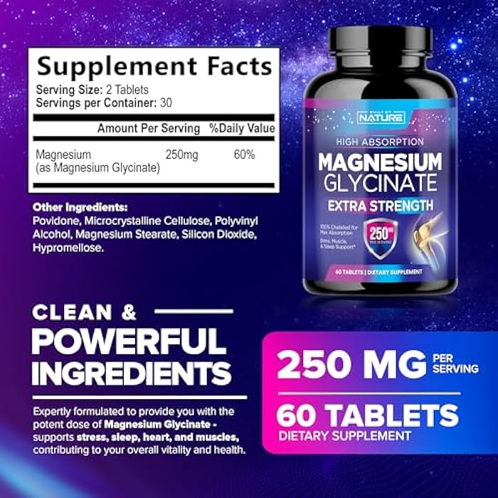 Built By Nature Magnesium Glycinate 250mg - High Absorption Chelated Magnesium Supplement - 100% Pure Magnesium Glycinate - Stress, Sleep, Heart, and Muscle Health Support - Non-GMO, Vegan, Gluten-Free (60 Tablets) - Image 2