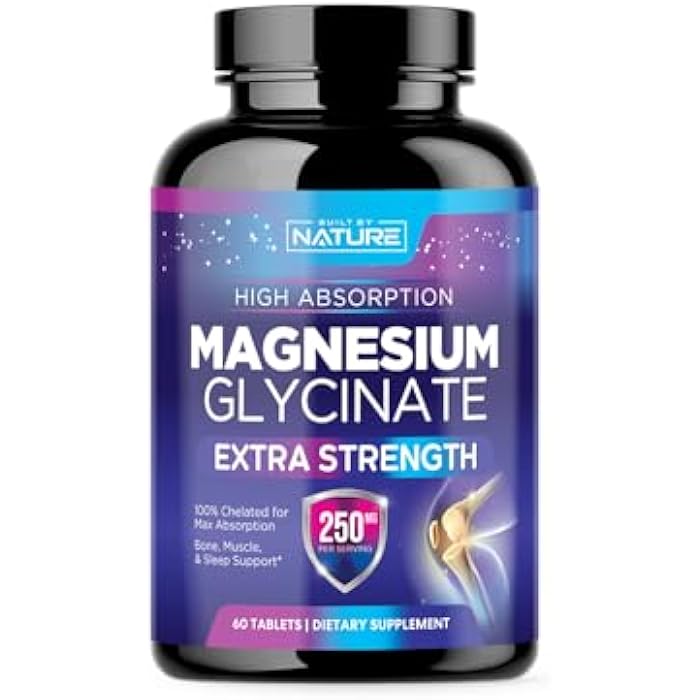 Built By Nature Magnesium Glycinate 250mg - High Absorption Chelated Magnesium Supplement - 100% Pure Magnesium Glycinate - Stress, Sleep, Heart, and Muscle Health Support - Non-GMO, Vegan, Gluten-Free (60 Tablets) - Image 1
