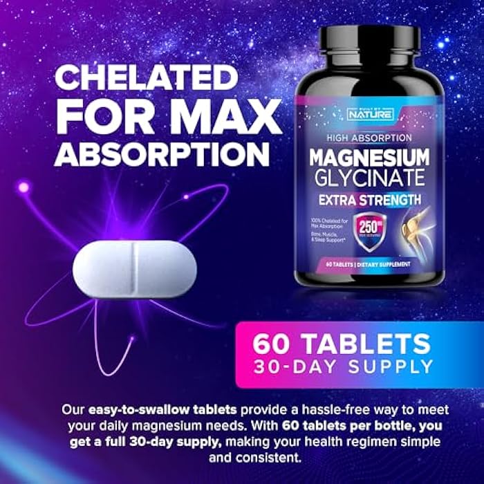 Built By Nature Magnesium Glycinate 250mg - High Absorption Chelated Magnesium Supplement - 100% Pure Magnesium Glycinate - Stress, Sleep, Heart, and Muscle Health Support - Non-GMO, Vegan, Gluten-Free (60 Tablets) - Image 4