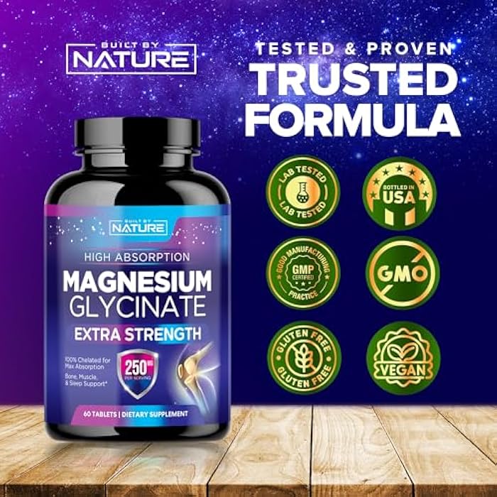 Built By Nature Magnesium Glycinate 250mg - High Absorption Chelated Magnesium Supplement - 100% Pure Magnesium Glycinate - Stress, Sleep, Heart, and Muscle Health Support - Non-GMO, Vegan, Gluten-Free (60 Tablets) - Image 5