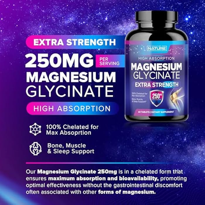 Built By Nature Magnesium Glycinate 250mg - High Absorption Chelated Magnesium Supplement - 100% Pure Magnesium Glycinate - Stress, Sleep, Heart, and Muscle Health Support - Non-GMO, Vegan, Gluten-Free (60 Tablets) - Image 3
