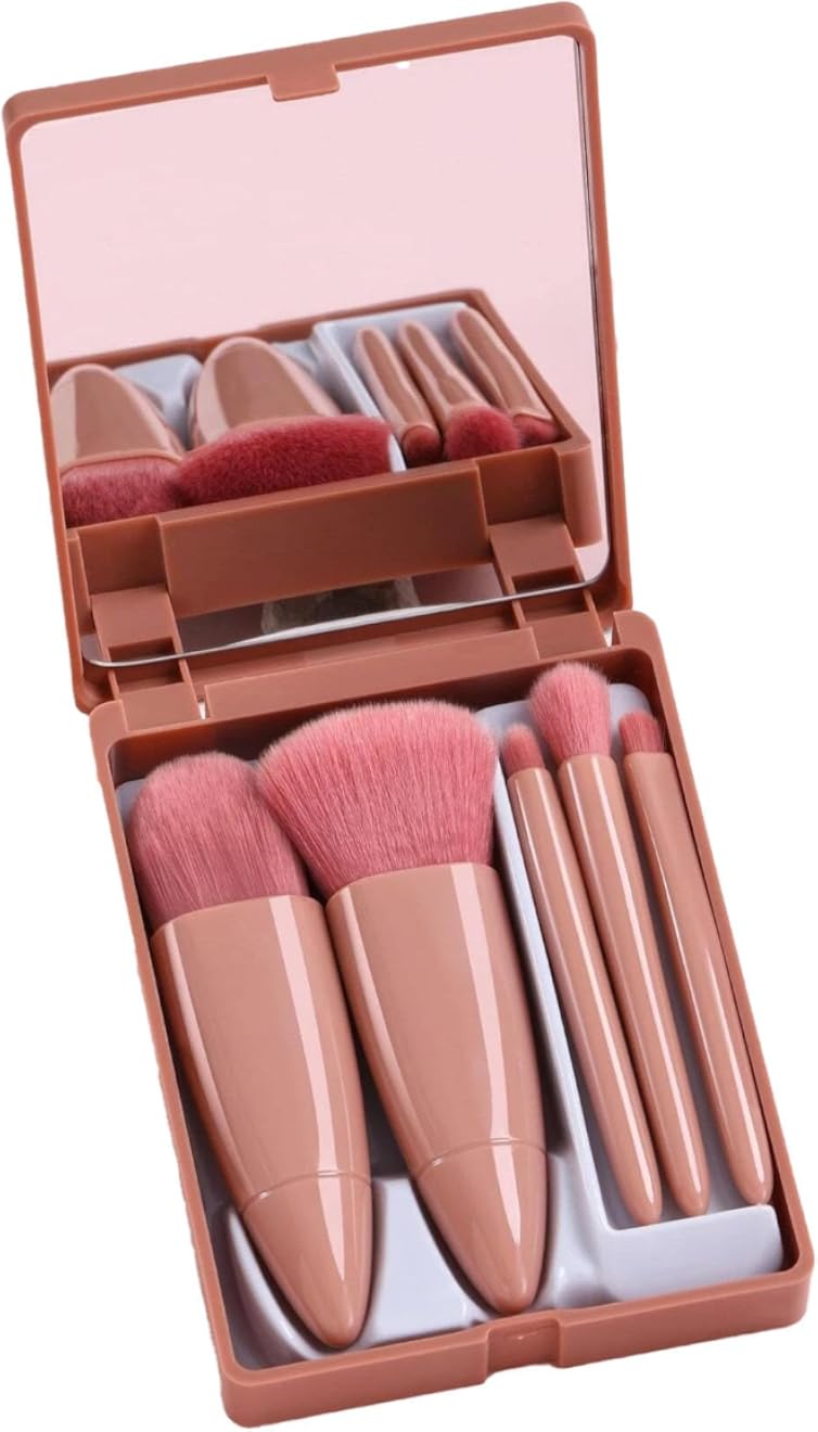 مجموعة فرش مكياج للسفر | طقم احترافي من 5 قطع مع حقيبة تخزين، شعيرات صناعية