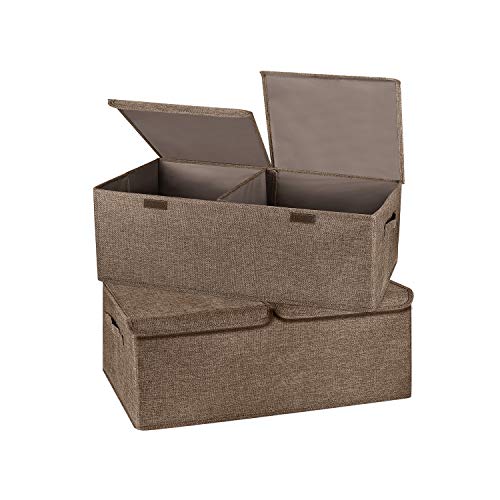 Valease 2 Pack Storage Boxes with Lids and Handles, Collapsible Linen Storage Bins Organizer Containers Baskets Cube with Removable Divider for Home Bedroom Closet Office (Coffee, Small) - Image 1