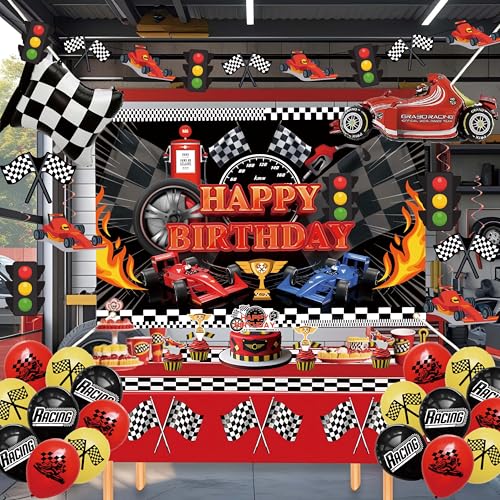 jenlion Happy Birthday Decorations For Women MenBirthday BackdropBanner BalloonsTable ClothPaper pom poms Party Supplies for Girls Boys Race car - Image 1