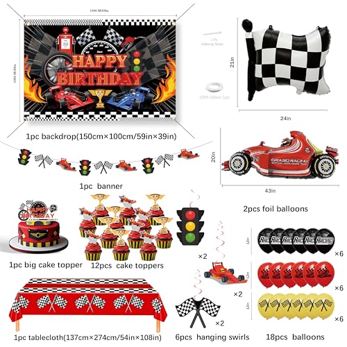 jenlion Happy Birthday Decorations For Women MenBirthday BackdropBanner BalloonsTable ClothPaper pom poms Party Supplies for Girls Boys Race car - Image 5