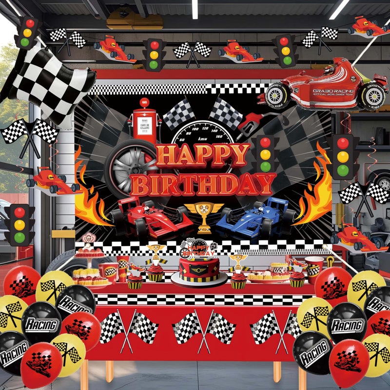 jenlion Happy Birthday Decorations For Women MenBirthday BackdropBanner BalloonsTable ClothPaper pom poms Party Supplies for Girls Boys Race car - Image 3