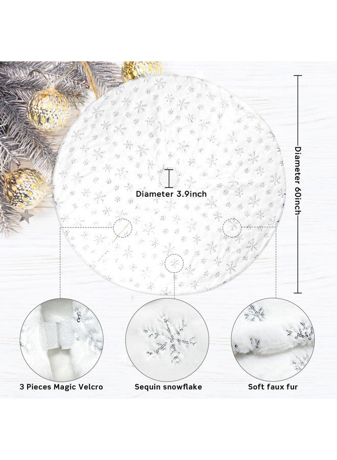 COOLWUFAN 60 Inches Christmas Tree Skirt for Xmas Tree Holiday Party Decorations White Plush Silver Sequin Snowflake (Silver) - Image 4