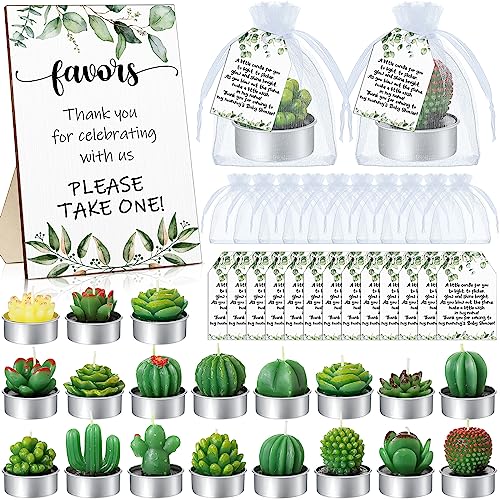 MTLEE 36 Sets Succulent Candles Baby Shower Favors for Guests Include 36 Plant Tealight Candles 36 Thank You Tags 36 Organza Bags Wooden Standing Sign for Gender Reveal Gifts(Greenery) - Image 1
