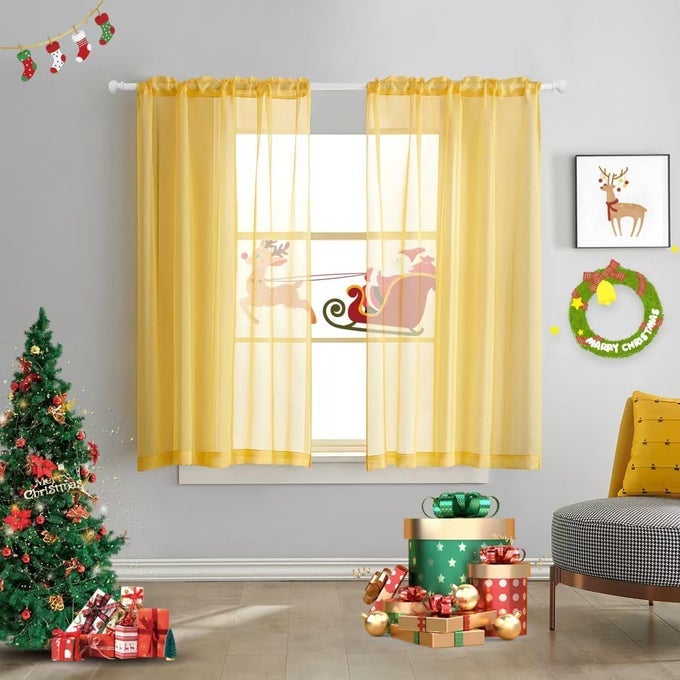 CHRISTMAS YELLOW SEMI SHEER CURTAINS 63 INCH LENGTH IN CURTAINS FAUX LINEN BRIGHT YELLOW SHEERS CURTAIN FOR BEDROOM LIVING ROOM GIRLS KIDS ROOM 2 PANELS 52X63 INCHES LONG