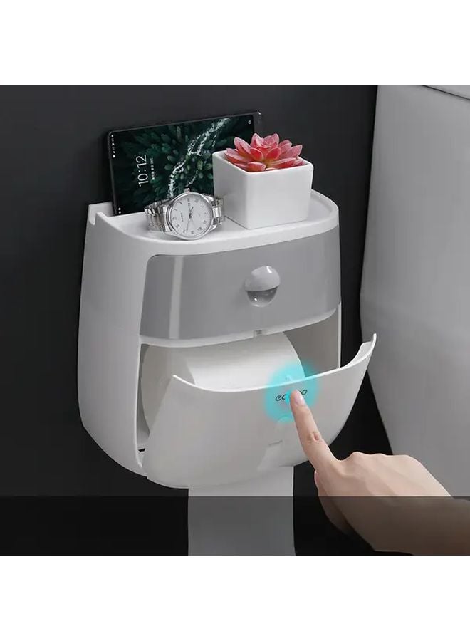 Double Layer Toilet Paper Holder With Shelf Adhesive Mount Waterproof Plastic White Gray Cover - Image 2