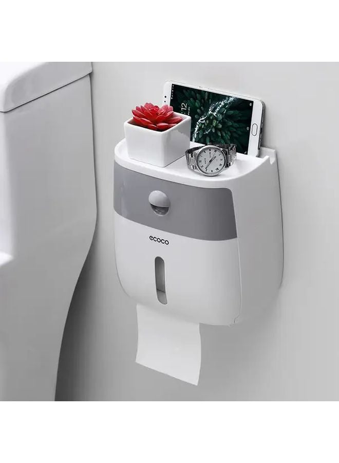 Double Layer Toilet Paper Holder With Shelf Adhesive Mount Waterproof Plastic White Gray Cover - Image 1