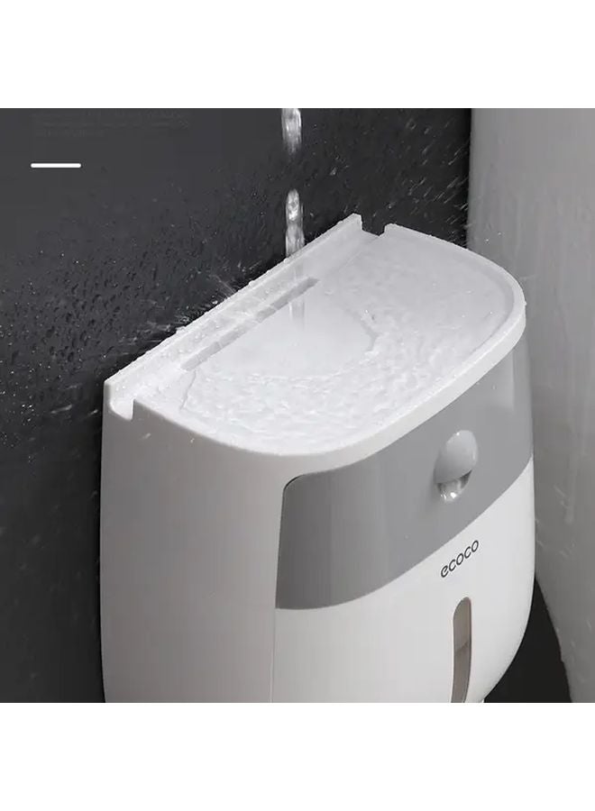 Double Layer Toilet Paper Holder With Shelf Adhesive Mount Waterproof Plastic White Gray Cover - Image 5