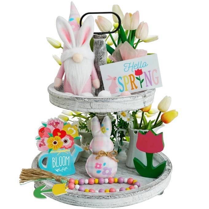 SPRING DECORATIONS 6PCS BUNNY GNOME TIERED TRAY WOOD SIGNS PLUS PLUSH BUNNY FLOWER BEAD GARLAND FOR EASTER FARMHOUSE KITCHEN DECOR