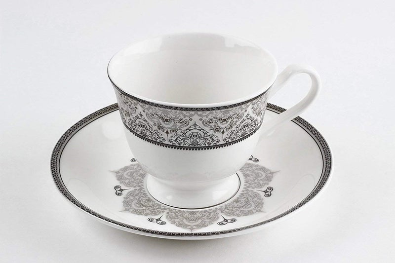 TREANDCARD Tableware Serving Tea Coffee SetClassic Tea Cup Set Grey Floral Prints Cups Saucer Set 12 Pcs