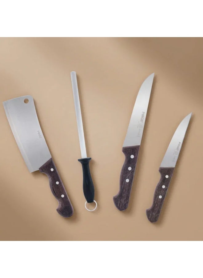 PiRGE Stainless Steel Slicing Knife Set, 3 Pieces, Knife Sharpener, Sheath - Black Brown - Image 1