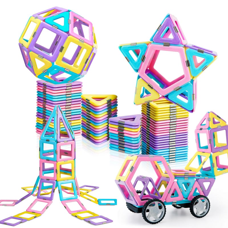MAGBLOCK Magnetic Tiles with 2 Cars-156Pcs Magnet Toys Set for 3+ Year Old Boys Girls Toddlers, Idea for Girls Magnetic Blocks Building STEM Creativity Educational Toys for Kids - Image 1