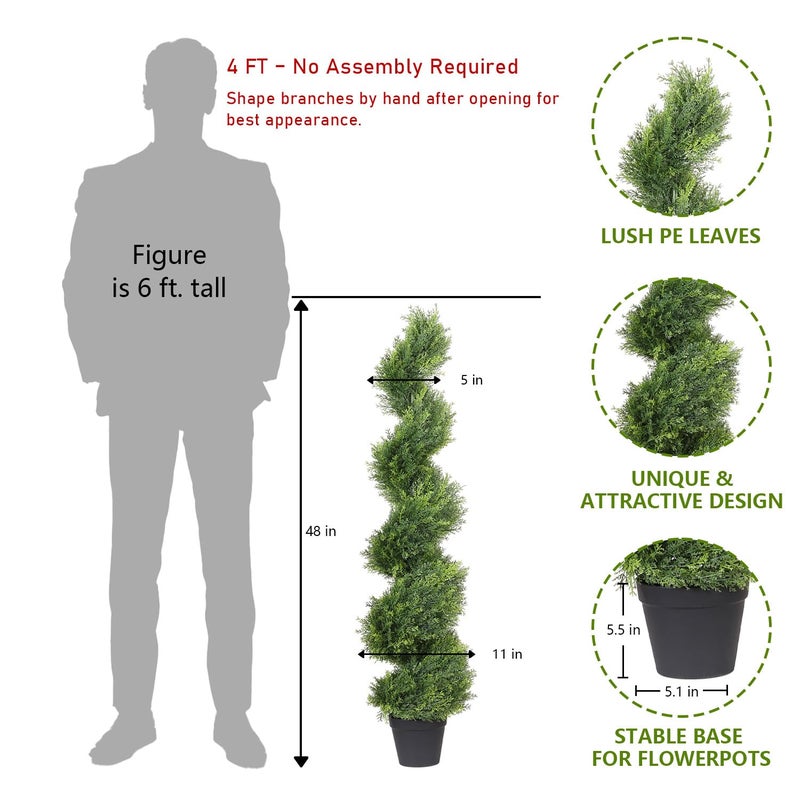 THE BLOOM TIMES 4ft Artificial Topiary Trees Set of 2, 48 inch Faux Cedar Cypress Spiral Topiary Trees Outdoor - Fake Plants for Garden Front Porch Indoor Outside Planter Decor 4 Foot - Image 2