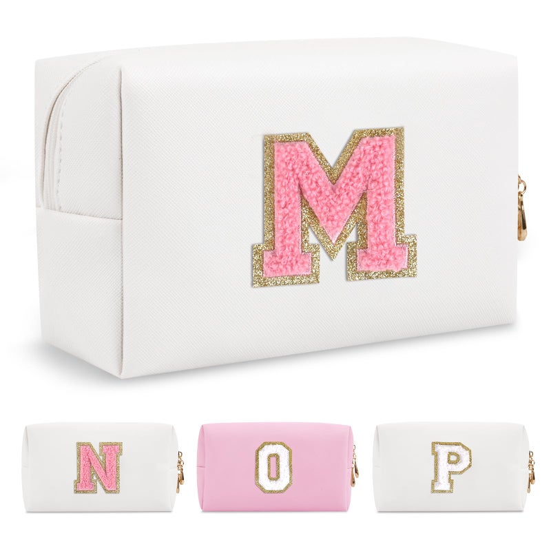 ChaoGreat Personalized Makeup Bag Initial A-Z Preppy Patch Bag,Small PU Leather Travel Cosmetic Bag Pouch with Zipper,White Cute Toiletry Bag,Gift Ideal for Teen Girls Women Birthday Friend Mom,Letter M - Image 1