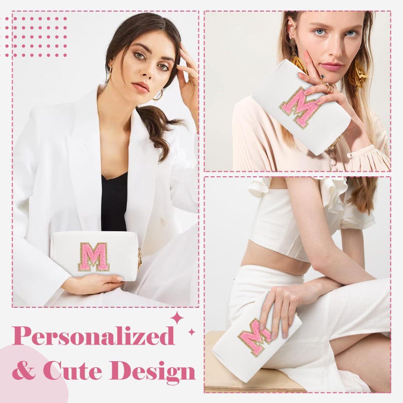 ChaoGreat Personalized Makeup Bag Initial A-Z Preppy Patch Bag,Small PU Leather Travel Cosmetic Bag Pouch with Zipper,White Cute Toiletry Bag,Gift Ideal for Teen Girls Women Birthday Friend Mom,Letter M - Image 4